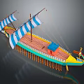 Traditional Sailing Watercraft with Blue White Striped Sails Wooden Deck and Colorful Hull