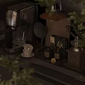 Modern Kitchen Counter With Coffee Maker Grinder Cups Coffee Box Containers Green Plants 3d model