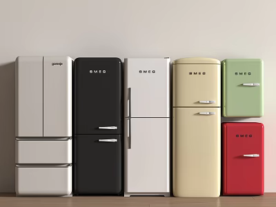 Retro Style Refrigerators And Freezers In Various Colors On 3d model