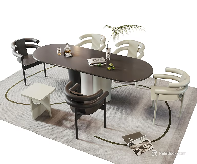 Modern Oval Dining Table Set With Black White Chairs Side Table And Decorative Plant 3d model 