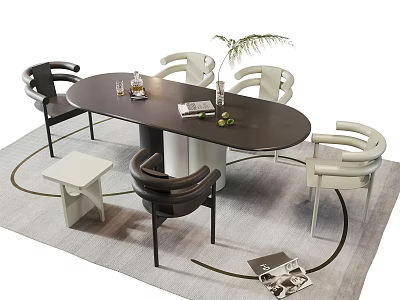 Modern Oval Dining Table Set With Black White Chairs Side Table And Decorative Plant 3d model