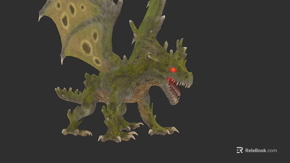 Reptile Dragon With Green Moss Covered Body Red Eyes And Open Mouth 3d model 