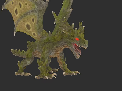 Reptile Dragon With Green Moss Covered Body Red Eyes And Open Mouth 3d model