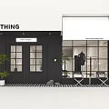 Clothing Storefront with Black Facade Glass Window Display Mannequin Potted Plant Awnings and Striped Floor
