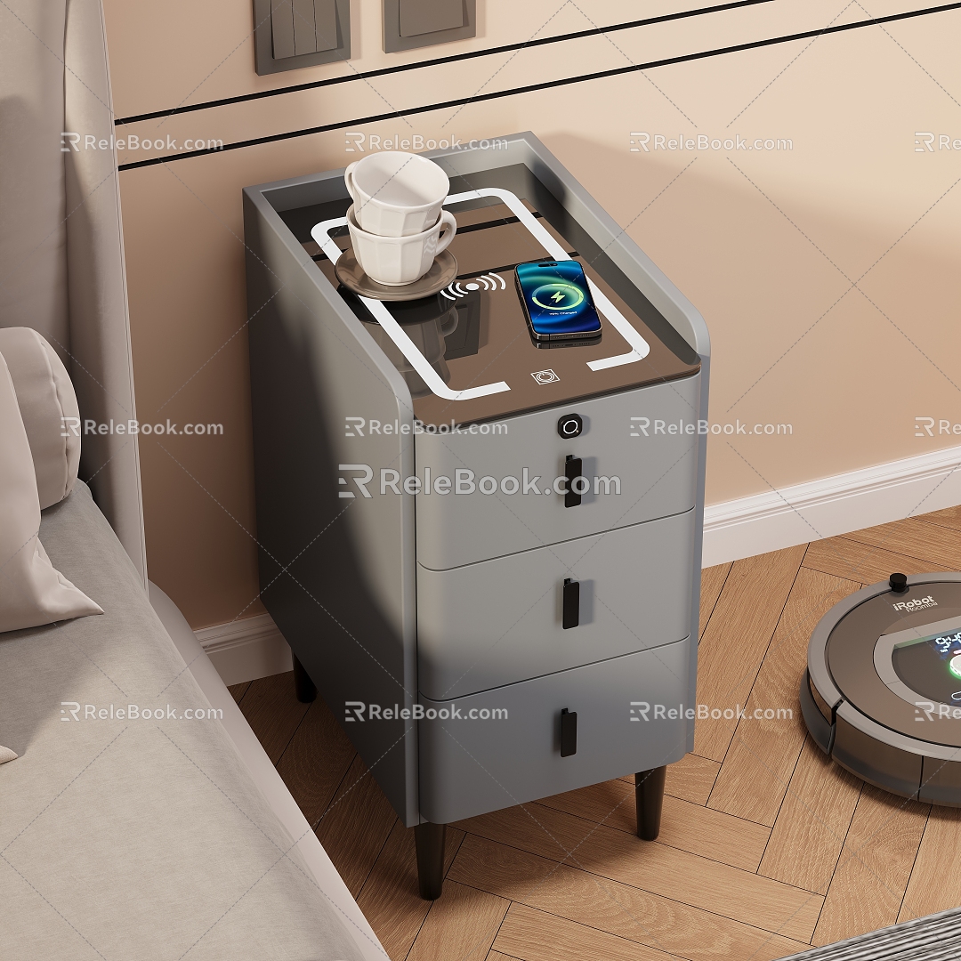 Bedside table sweeping robot mug cup bedside switch socket mobile phone charging wireless charging usb audio carpet wood floor 3d model