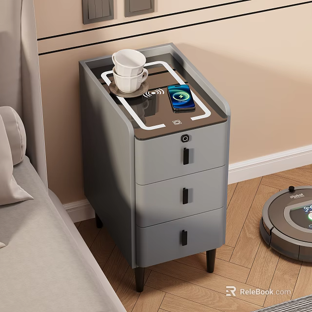 Gray Bedside Table with Drawers Black Handles Wireless Charger Phone Cup and Robot Vacuum Nearby 3d model 