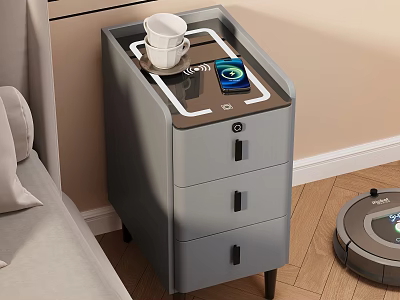 Gray Bedside Table with Drawers Black Handles Wireless Charger Phone Cup and Robot Vacuum Nearby 3d model
