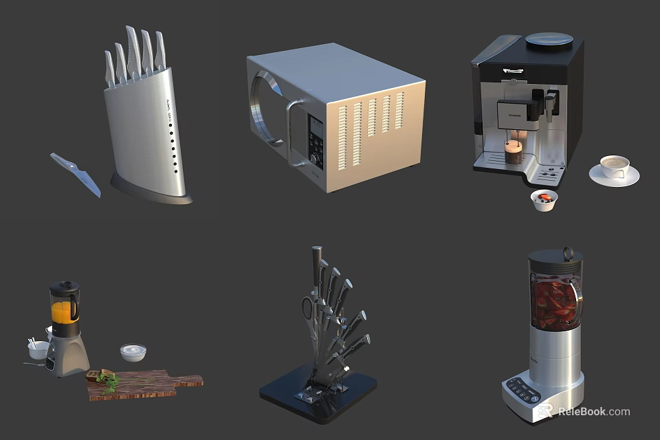 Essential Modern Kitchen Appliances With Microwave Coffee Machine Blender And Knife Block 3d model
