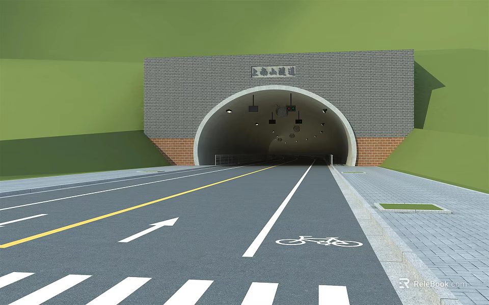 Road Infrastructure Featuring Tunnel Entrance Brick Structure Bicycle Lane White Arrows And Zebra Crossing 3d model 