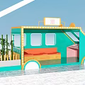 Turquoise Cartoon Food Truck With Orange Seats Sign And Green Plants