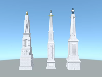 Three White Decorative Towers With Ornate Tops Against Light Blue Sky 3d model