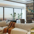 Modern Living and Dining Room Interior With Blue Glass Chandelier White Sofa And Large Windows