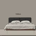 Minimalist Double Bed With Black Headboard White Bedspread Wooden Frame And Metal Legs