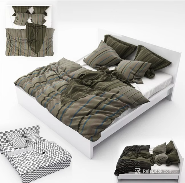 Double Bed with White Frame Striped Duvet and Matching Pillow Bedding Set 3d model 