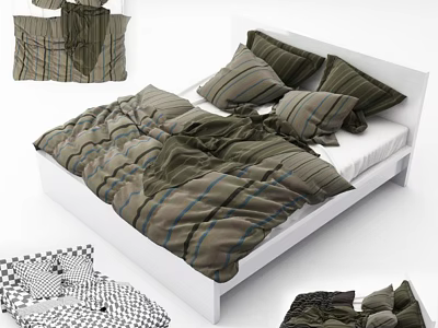 Double Bed with White Frame Striped Duvet and Matching Pillow Bedding Set 3d model