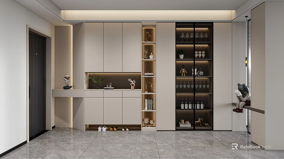 Elegant Modern Shoe Cabinet Interior Design With Storage Shelves And Decorative Elements 3d model 