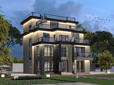 Modern Luxury Detached Villa With Multi Story Balconies Terrace And Green Landscaped Garden 3d model