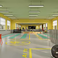 Modern Fitness Gym Interior Featuring Yellow Walls Gray Floor Green Exercise Steps And Fitness Equipment