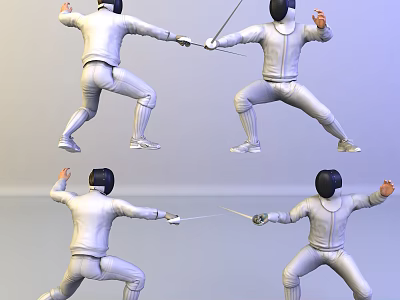 Men In White Fencing Suits Holding Swords In Various Dynamic Fencing Poses 3d model