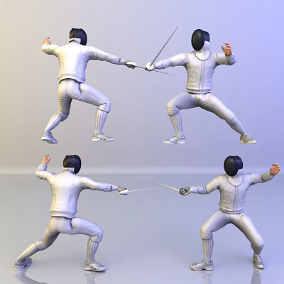Men In White Fencing Suits Holding Swords In Various Dynamic Fencing Poses 3d model