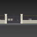 Ornate Black Wrought Iron Entrance Gate With White Pillars And Lights