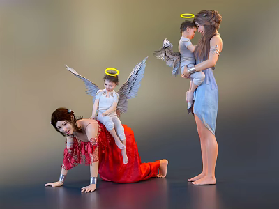 Women In Red Blue Dresses With Angelic Children Wings Halo Kneeling Holding 3d model