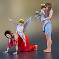 Women In Red Blue Dresses With Angelic Children Wings Halo Kneeling Holding