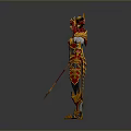 Mythical Female Warrior Character in Ornate Red and Gold Armor With Horns and Flame Details