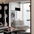 Stylish Living Room Interior With Leather Sofa Bookshelf Table Lamp And Wall Magazines Posters