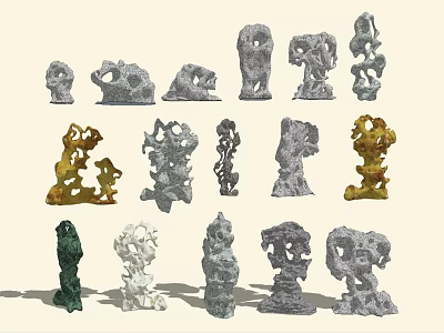 Decorative Ornament Set With Abstract Irregular Shapes Gray Gold Green White Stone Like Texture 3d model