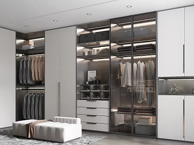 Modern Walk In Closet With Lighting Clothes Storage And Bench 3d model