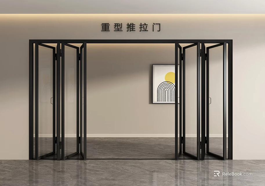 Heavy Duty Glass Folding Doors With Black Frame In Modern Interior Room 3d model 
