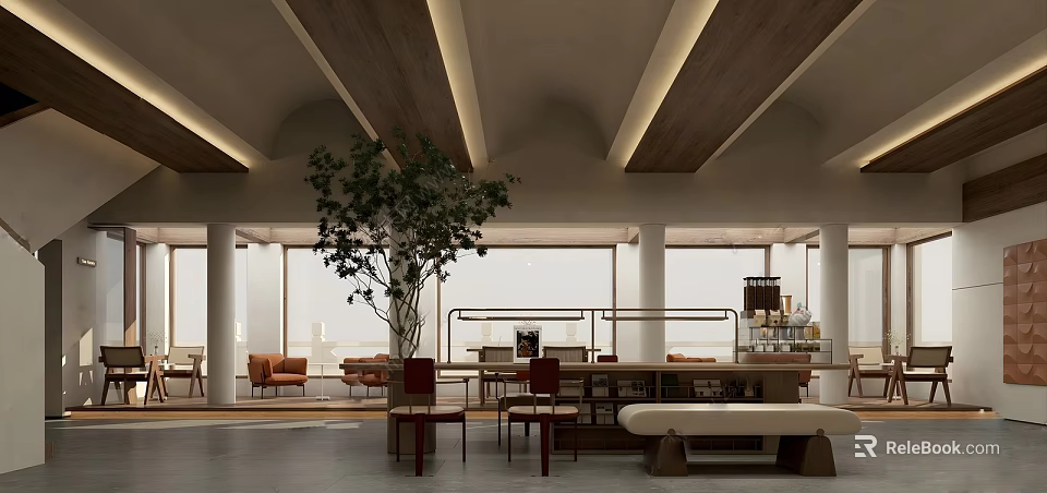 Modern Café Interior Design With Wooden Ceiling Large Windows Green Plant And Comfortable Seating 3d model 