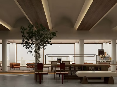 Modern Café Interior Design With Wooden Ceiling Large Windows Green Plant And Comfortable Seating 3d model