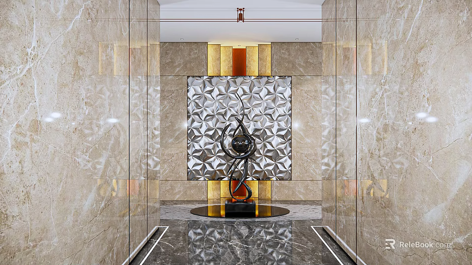Modern Abstract Sculpture In Lobby With Geometric Pattern Wall And Illuminated Marble Surroundings 3d model 