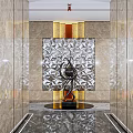 Modern Abstract Sculpture In Lobby With Geometric Pattern Wall And Illuminated Marble Surroundings