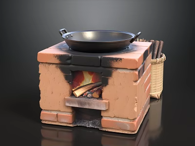 Brick Stove With Frying Pan And Wicker Basket Of Firewood Burning Inside 3d model