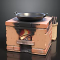 Brick Stove With Frying Pan And Wicker Basket Of Firewood Burning Inside