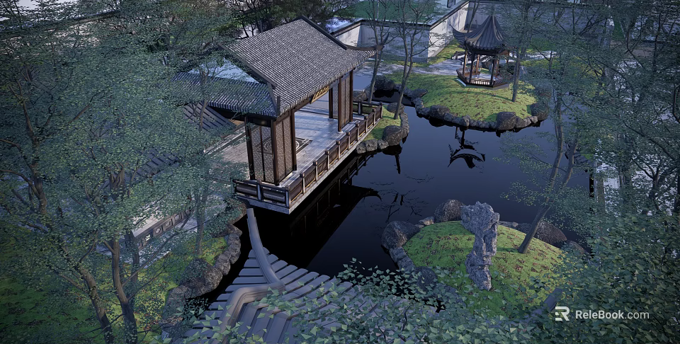 Traditional Chinese Garden Landscape With Wooden Bridge Pond Pavilion And Rock Formations 3d model 