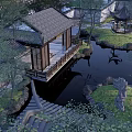 Traditional Chinese Garden Landscape With Wooden Bridge Pond Pavilion And Rock Formations
