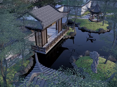 Traditional Chinese Garden Landscape With Wooden Bridge Pond Pavilion And Rock Formations 3d model