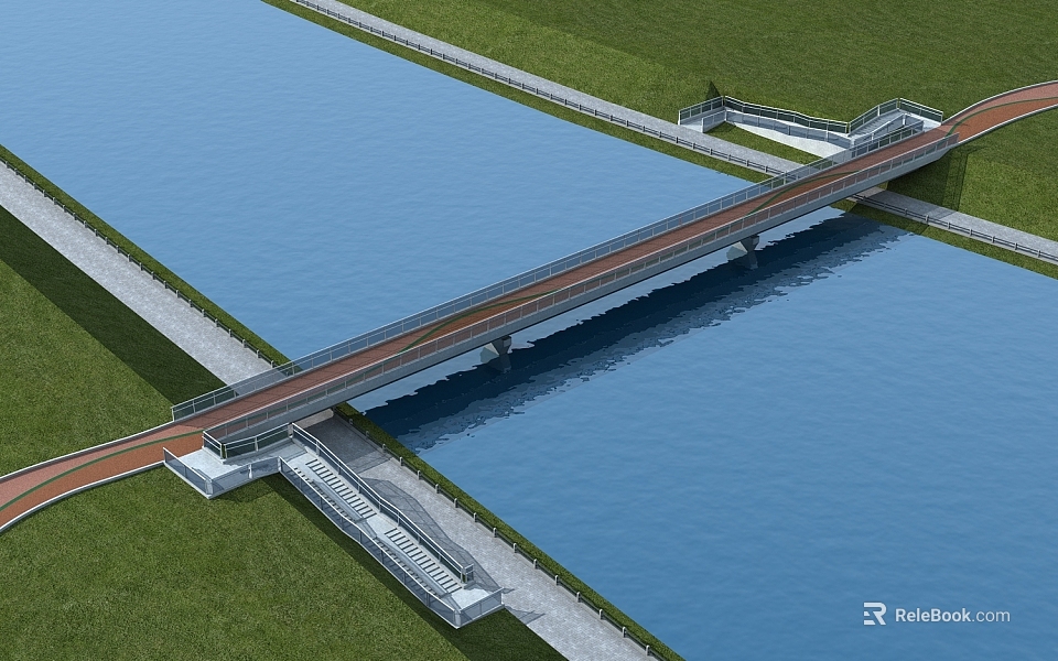 Modern Bridge Over Blue Water With Green Grass And Pedestrian Walkway 3d model 