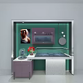 Modern Green And Gray Display Shelves With Glass Showcase Red Flower Decorations And Light Strip