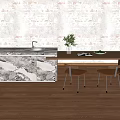 Modern Bar Counter With Marble Countertop Two Chairs Potted Plant Magazine Wooden Floor And Textured Wall