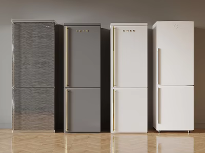 Four Different Colors Double Door Refrigerators Displayed Side by Side on Wooden Floor 3d model