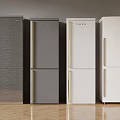 Four Different Colors Double Door Refrigerators Displayed Side by Side on Wooden Floor