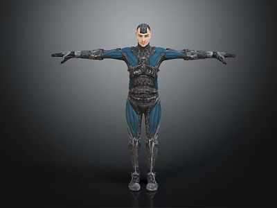 Character in Blue and Black Mechanical Armor Standing with Arms Outstretched Against Dark Background 3d model