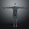 Character in Blue and Black Mechanical Armor Standing with Arms Outstretched Against Dark Background
