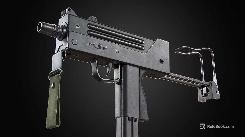 Uzi Submachine Gun Black Metal Tactical Design With Magazine And Foldable Stock 3d model 