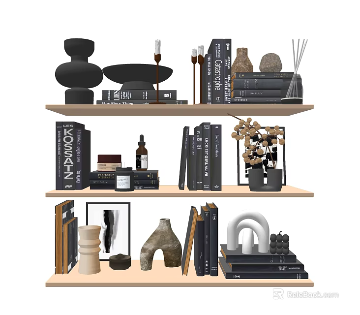 Stylish Decorative Ornament Set With Books Vases Sculptures And Shelf 3d model 